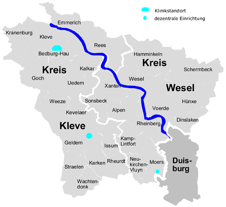 Karte des Versorgungsgebietes der Kinder- und Jugendpsychiatrie der LVR-Klinik Bedburg-Hau. 