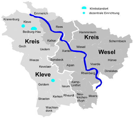 Karte des Versorgungsgebietes der LVR-Klinik Bedburg-Hau. 